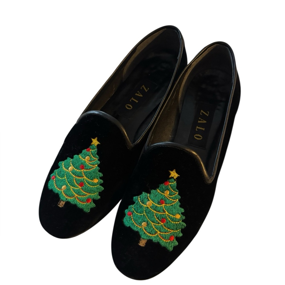 Vintage Zalo Christmas Tree Embroidered Black Velvet Flats‎ Size 8
